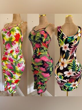 Bundle of 3 Floral Tropical Bodycon Dresses- Pink & Green black medium